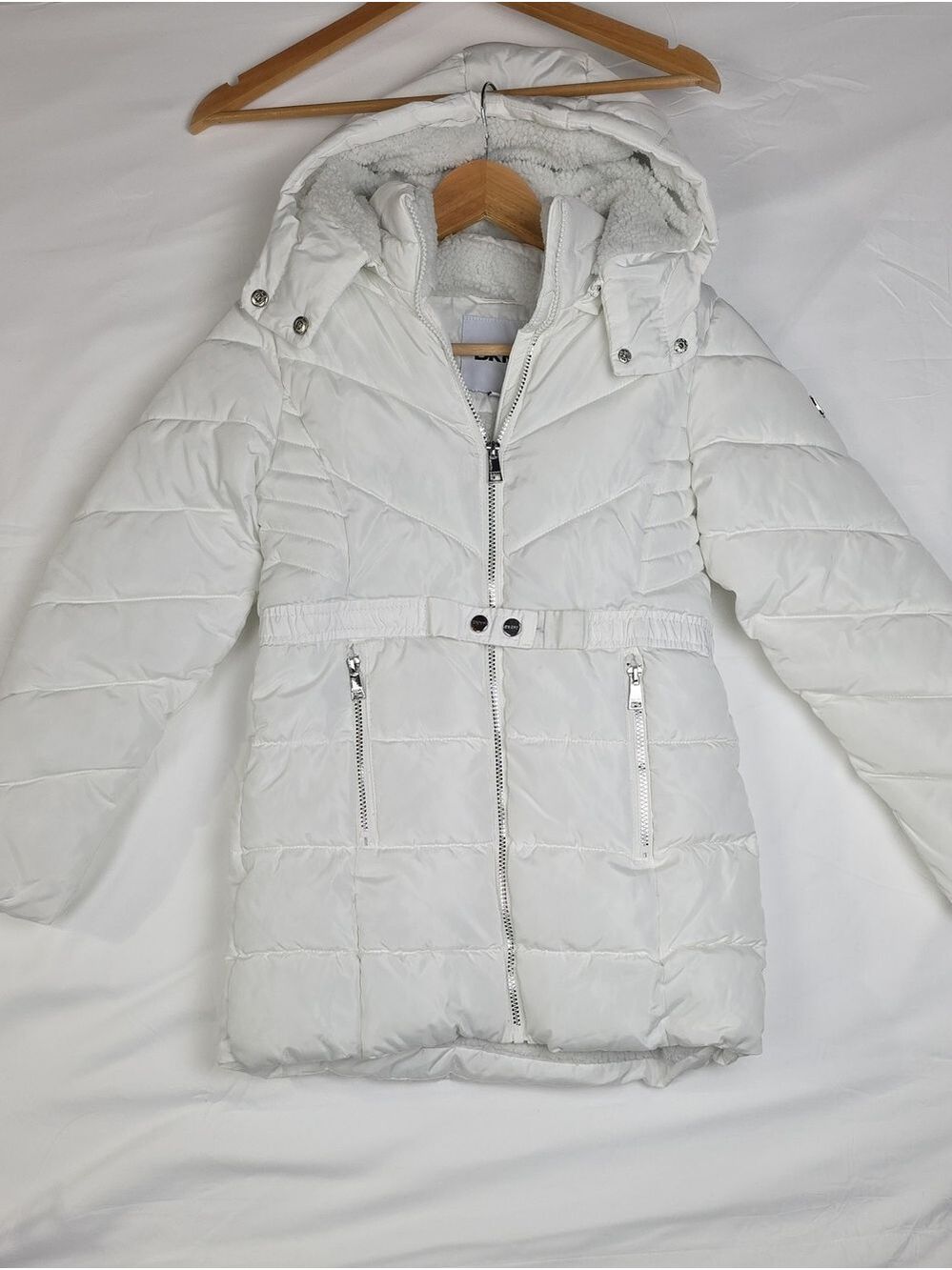 DKNY White Quilted Hooded Puffer Jacket M